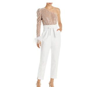 Lavish Alice One-Shoulder Feather-Trim Sequin Jumpsuit